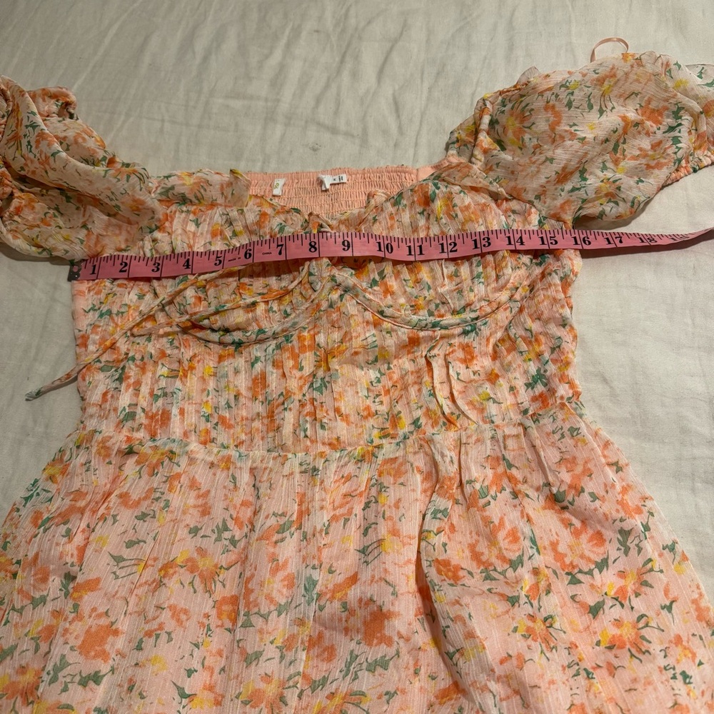 ASTR The Label Lunaria Pleated Midi Dress Orange Green Floral Chiffon Size M - Picture 12 of 15